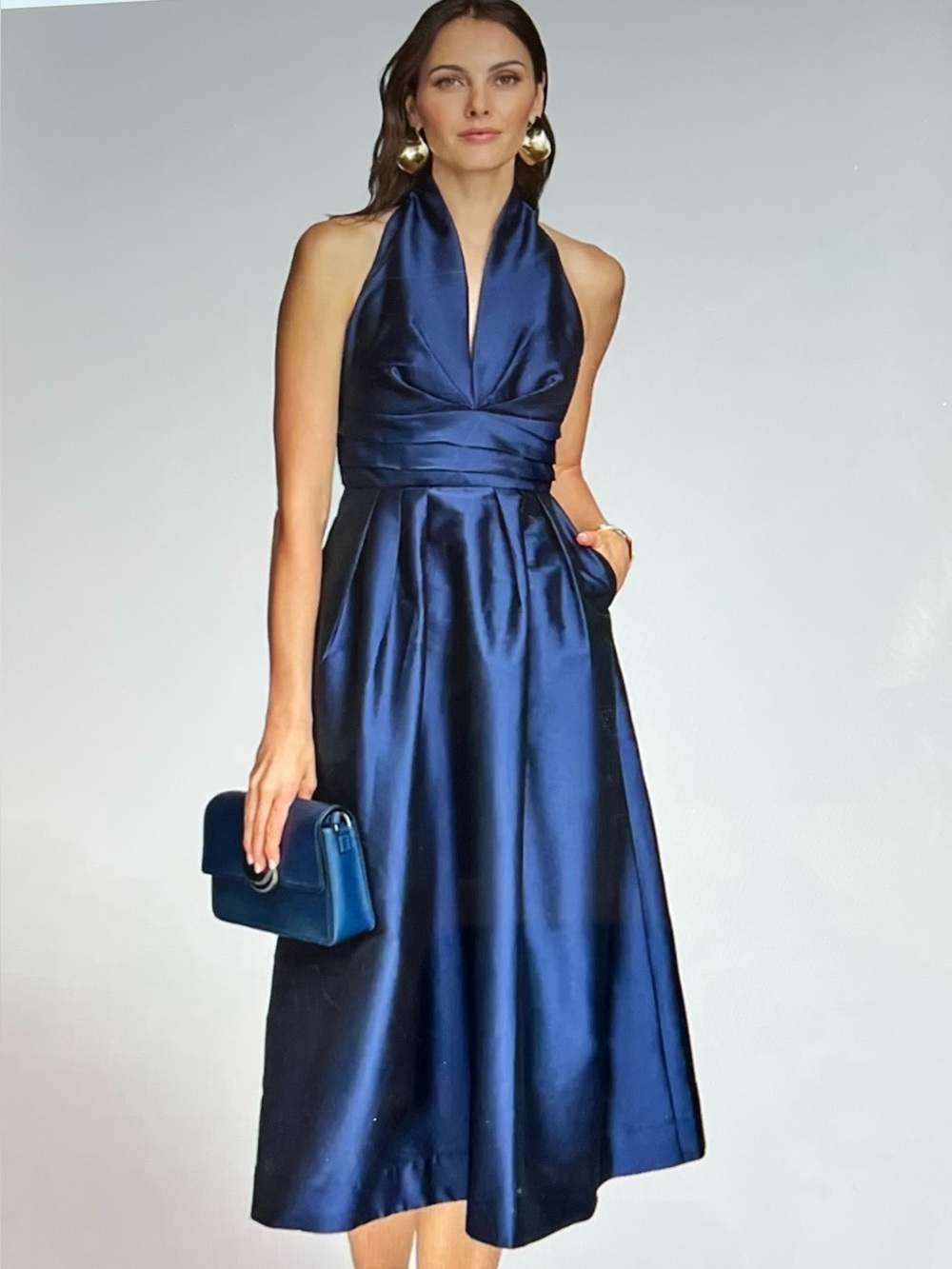 NWT Donna Karan Sleeveless V Neck Taffeta Midi Cocktail Dress Navy Blue Size 14